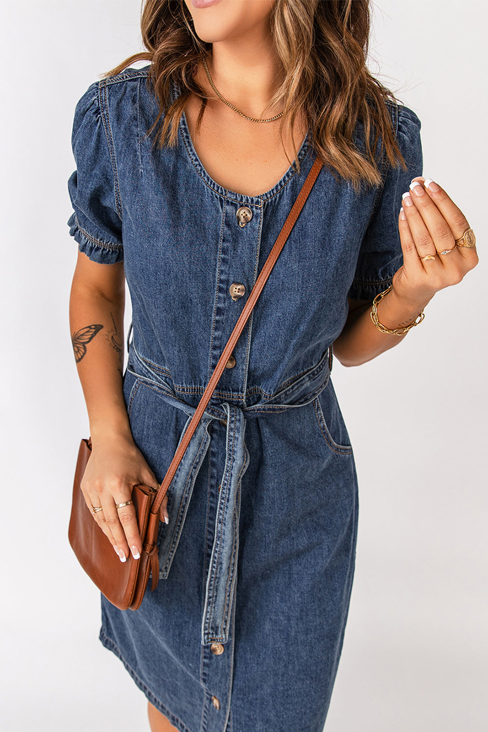 Button Front Tie-Waist Puff Sleeve Denim Dress