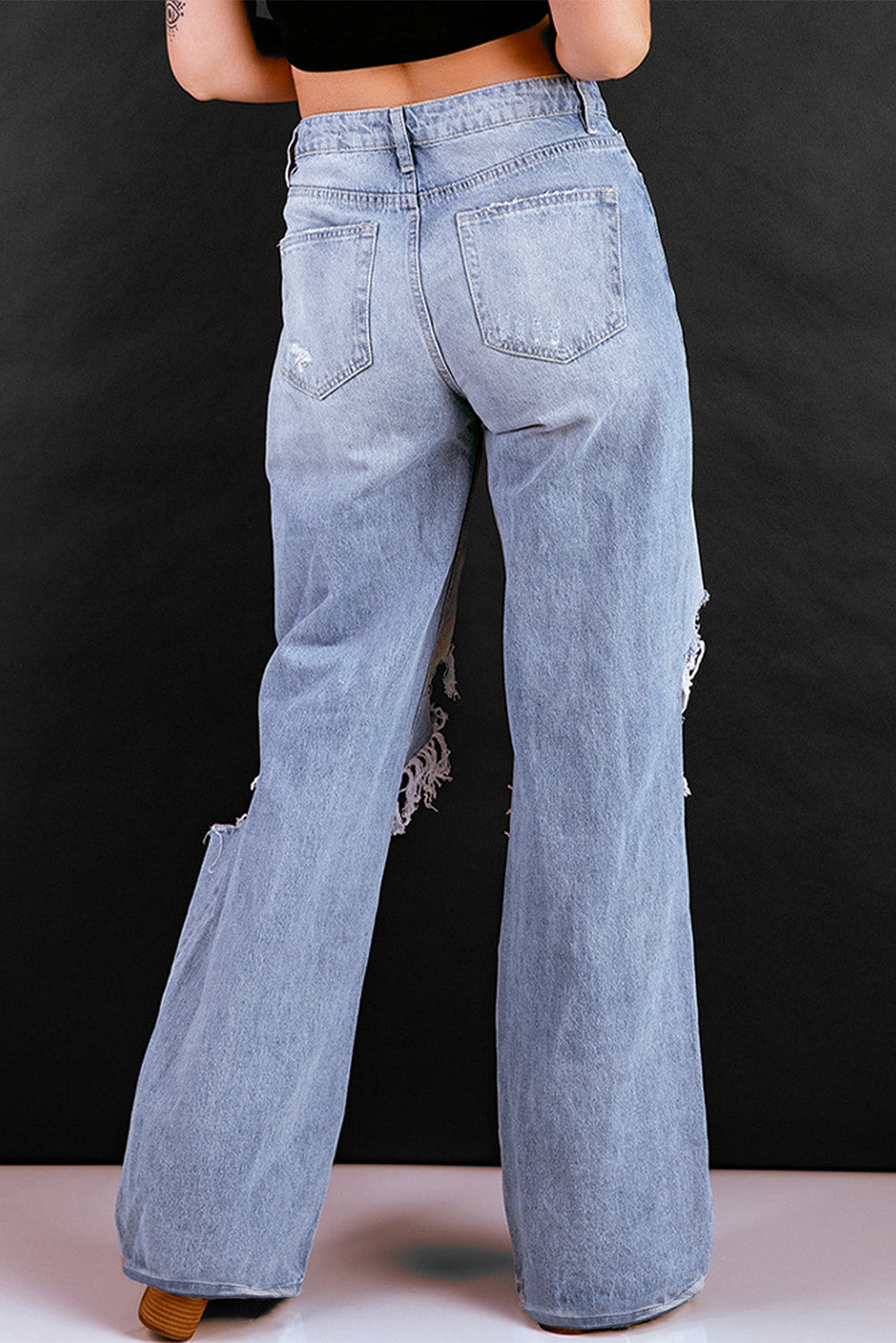 High Waist Distressed Wide Leg Jeans with Pockets