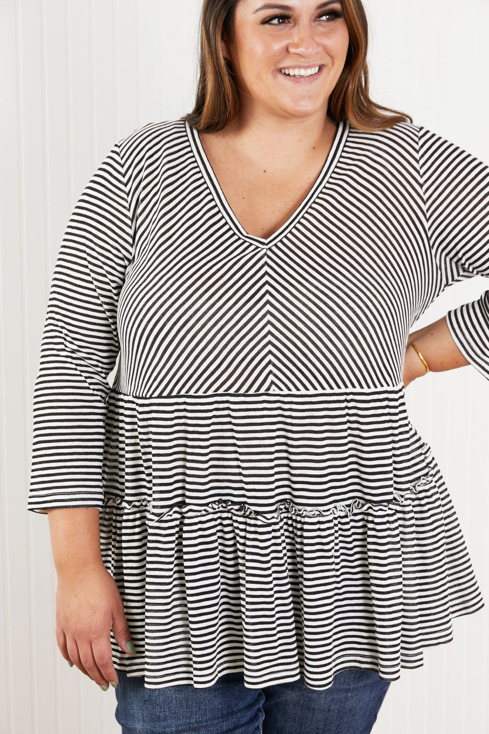 Doe & Rae Full of Love Full Size Striped Tiered Top