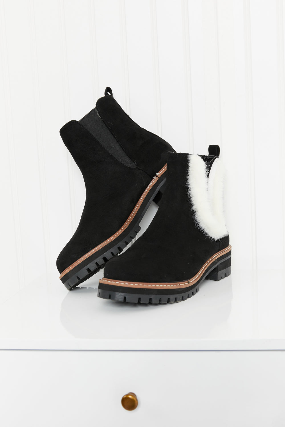 WeeBoo Warmer Days Faux Fur Trim Chelsea Booties in Black