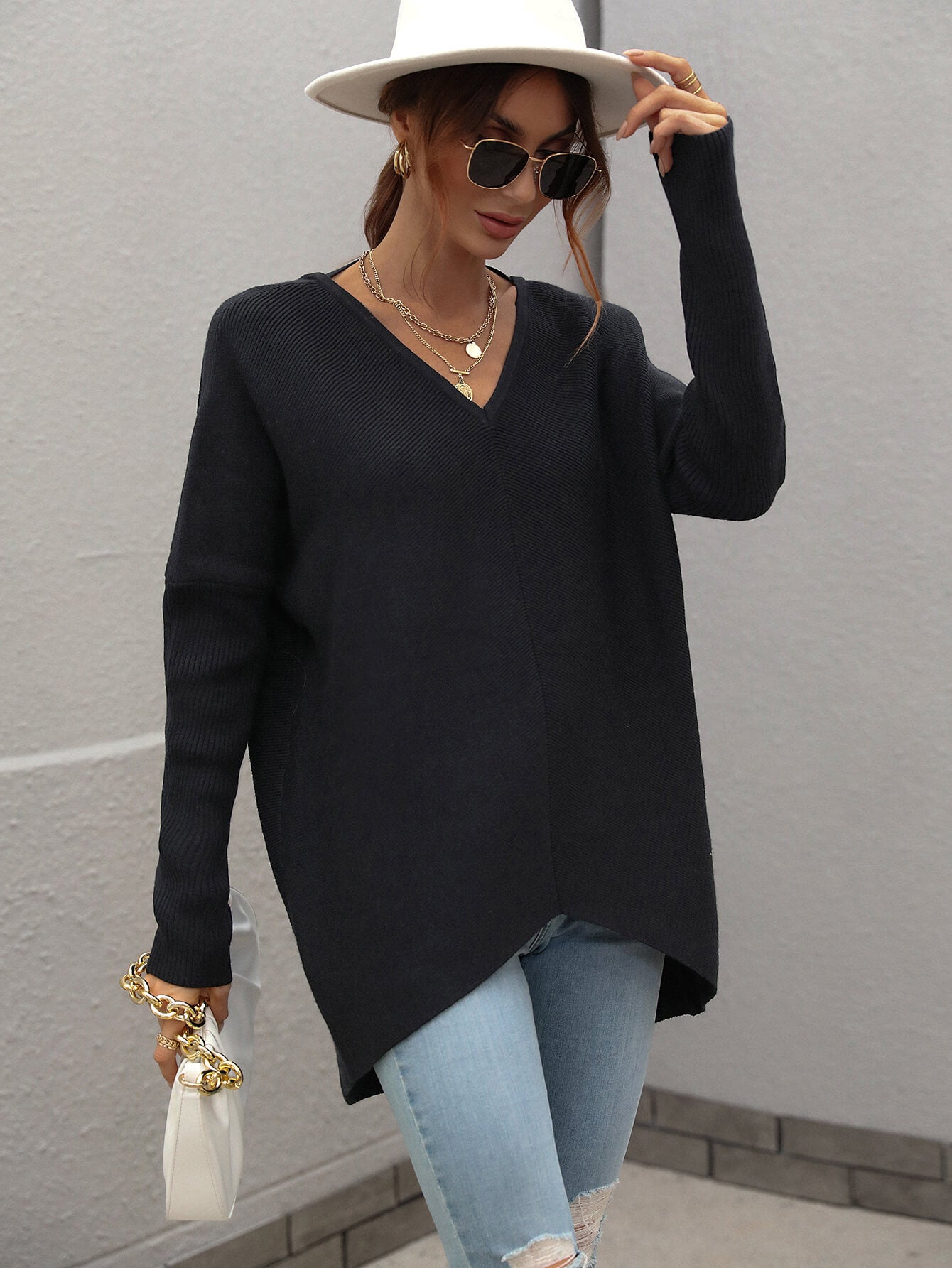 Ribbed V-Neck Open Back Tunic Sweater