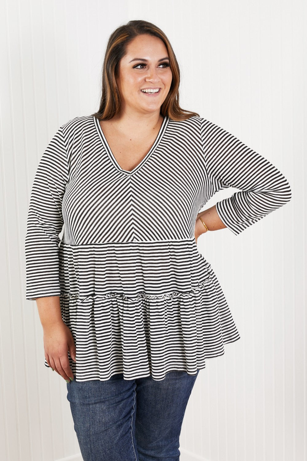 Doe & Rae Full of Love Full Size Striped Tiered Top