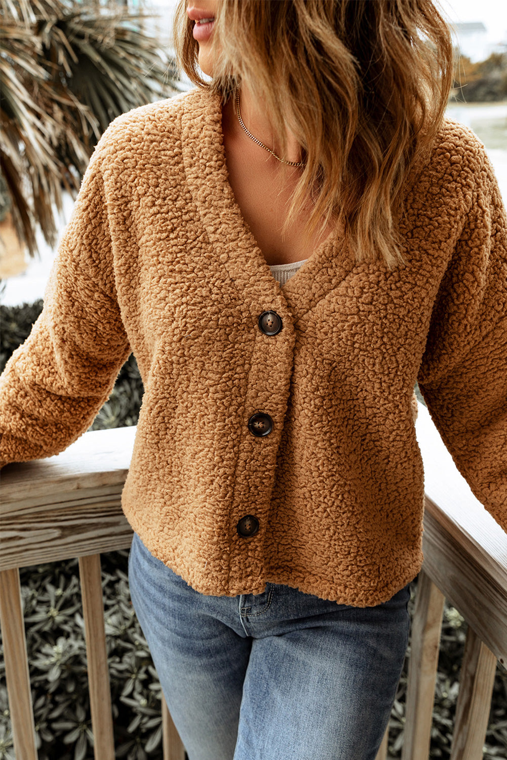 V-Neck Button Front Teddy Cardigan