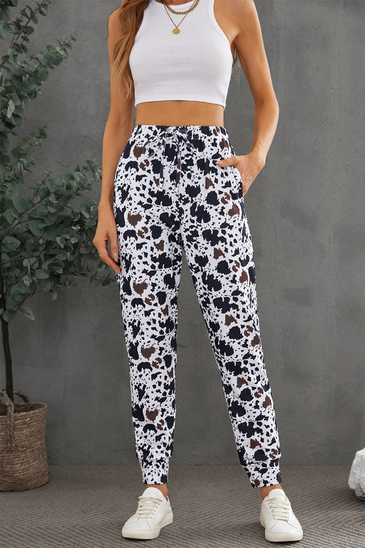 Drawstring Elastic Waist Cow Print Pants