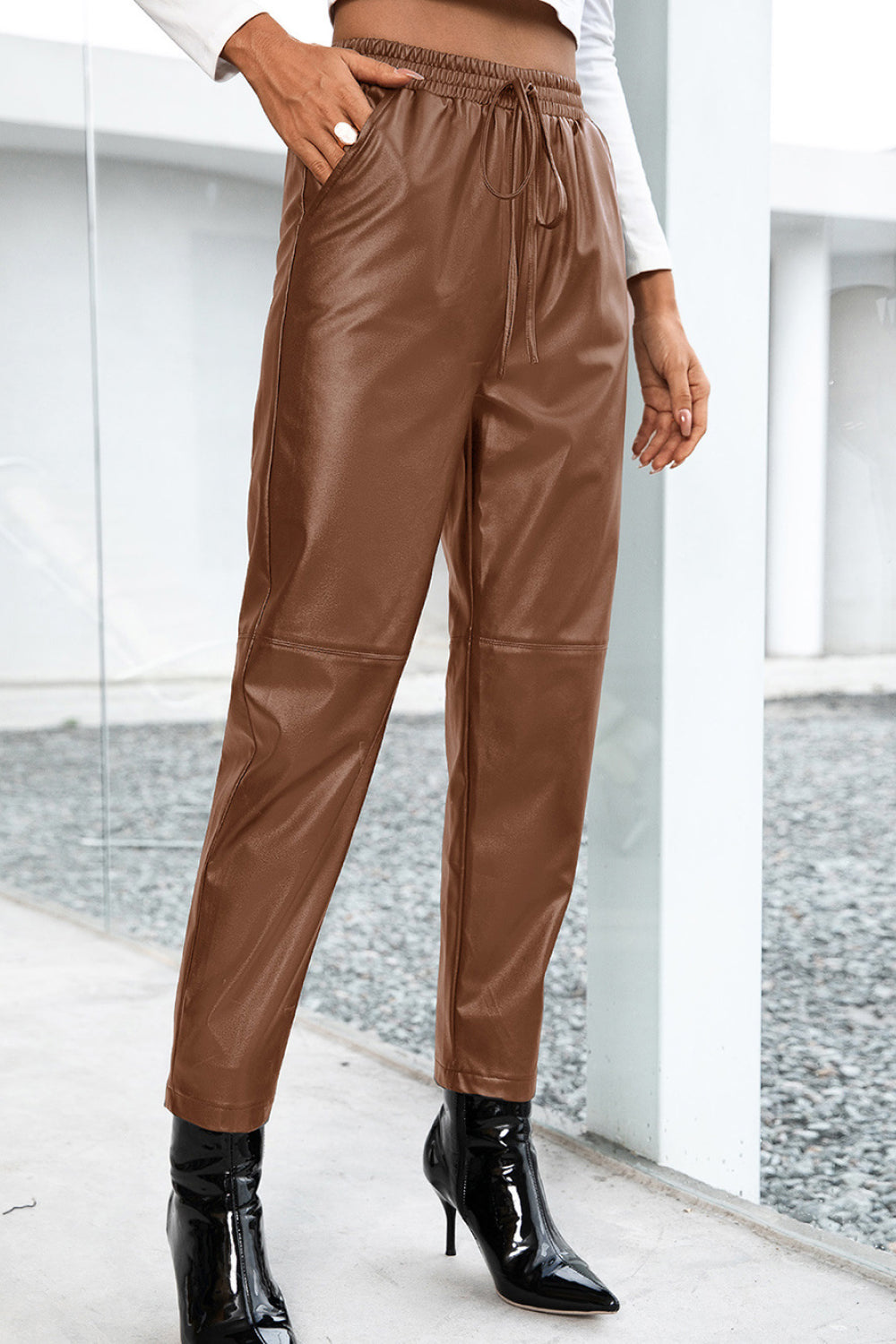 Seamed Elastic Waist PU Leather Pants