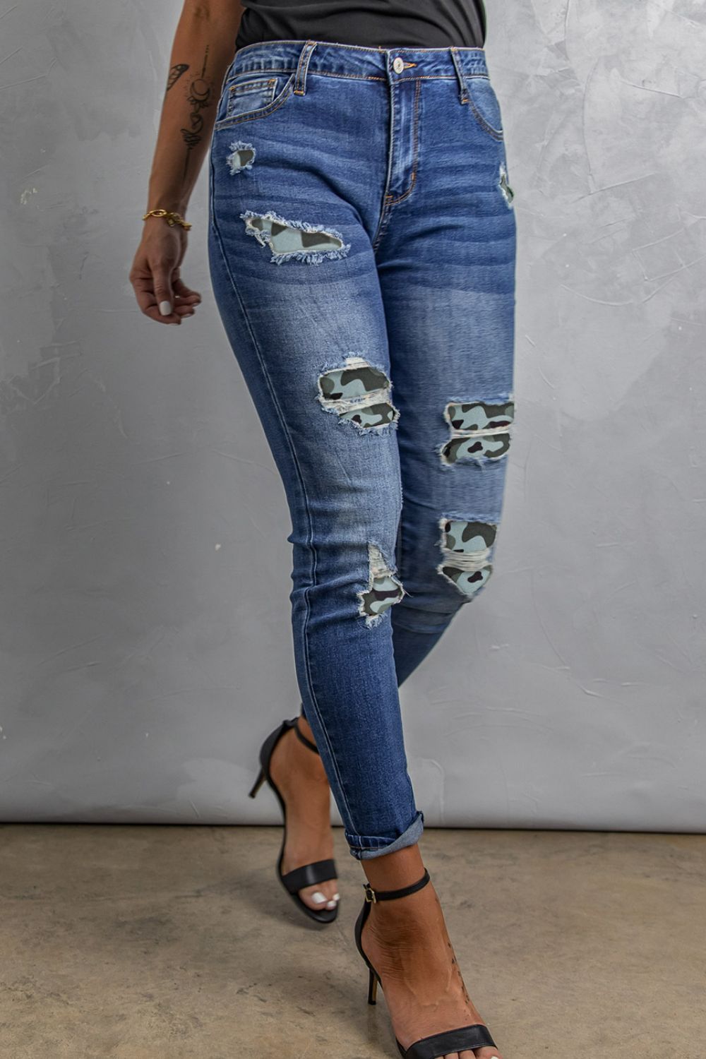 Patchwork Skinny Jeans with Pockets