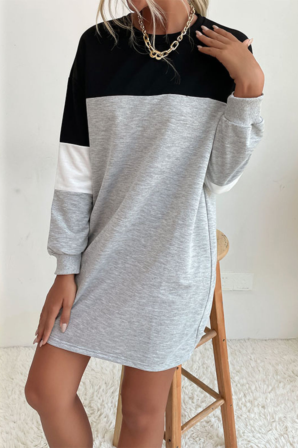 Color Block Long Sleeve Sweatshirt Dress