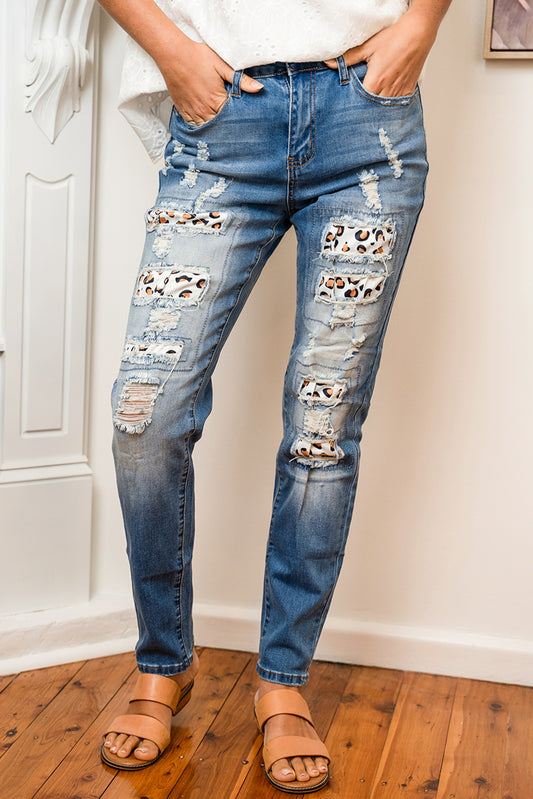 Leopard Patchwork Distressed Jeans with Pockets