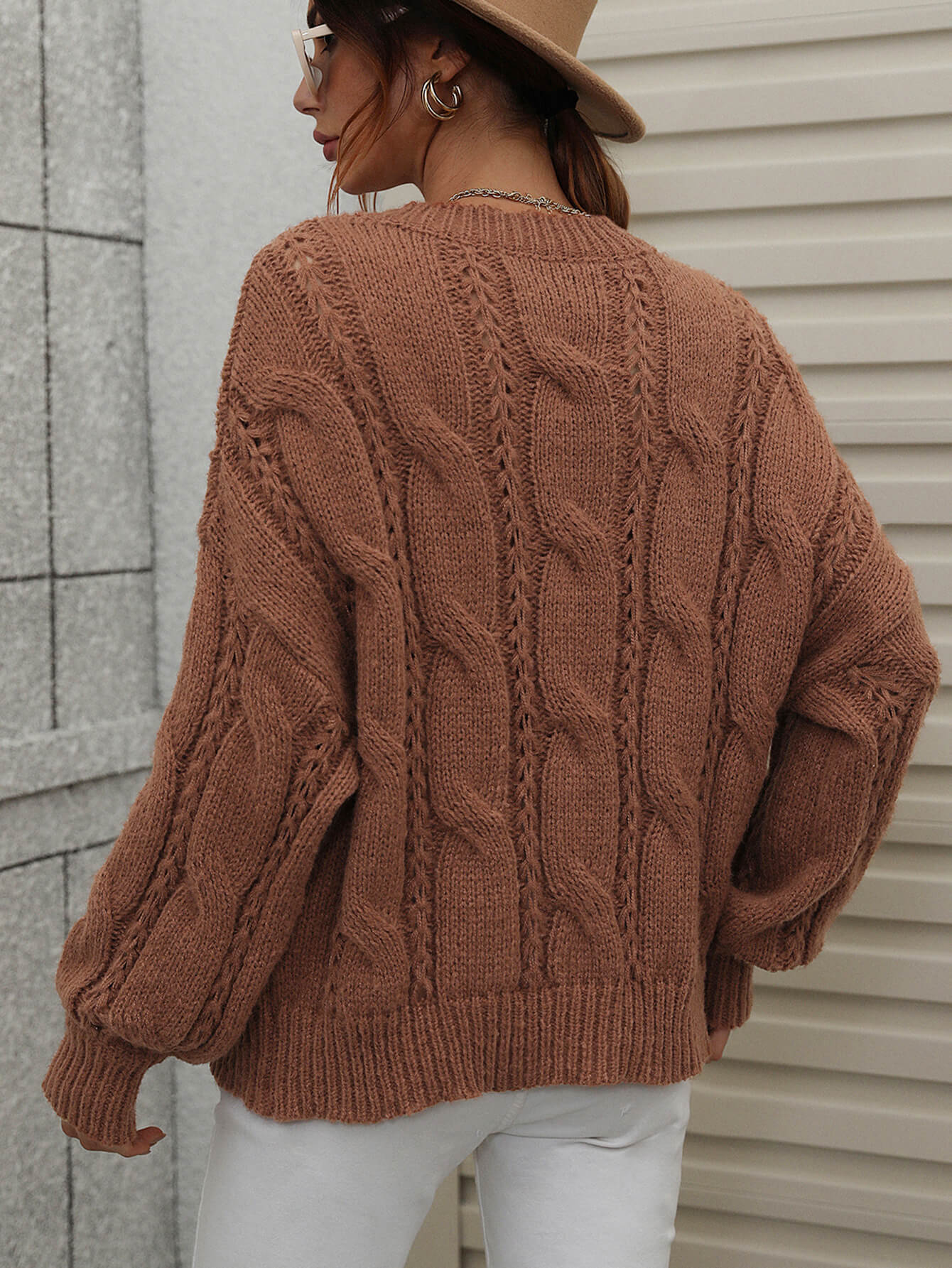 Cable-Knit Openwork Round Neck Sweater