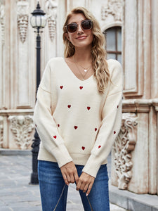 Heart Print V-Neck Dropped Shoulder Sweater