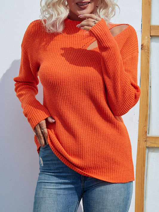 Cutout Ribbed Trim Tunic Sweater