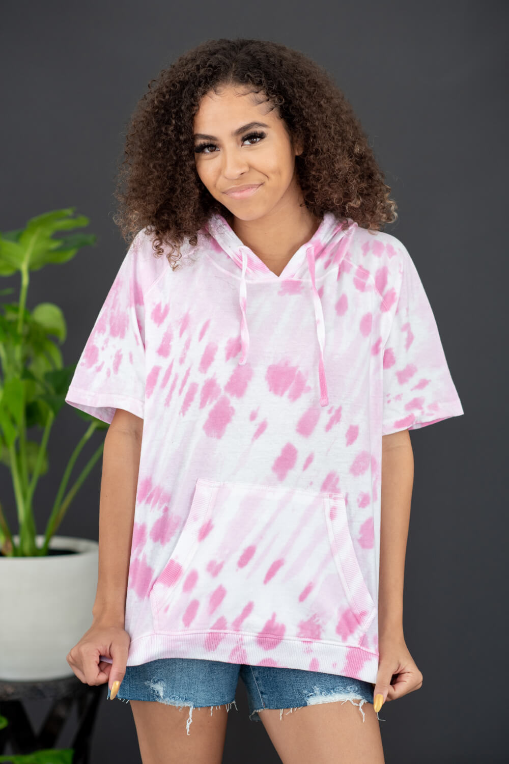 Sew In Love Watching Clouds Full Size Run Tie-Dye Short-Sleeved Hoodie in Neon Pink