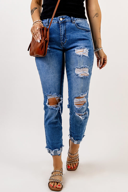 Distressed Cuffed Pocket Jeans