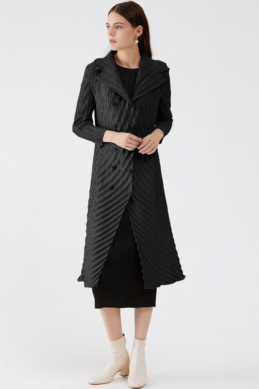 Accordion Pleated Double-Breasted Trench Coat