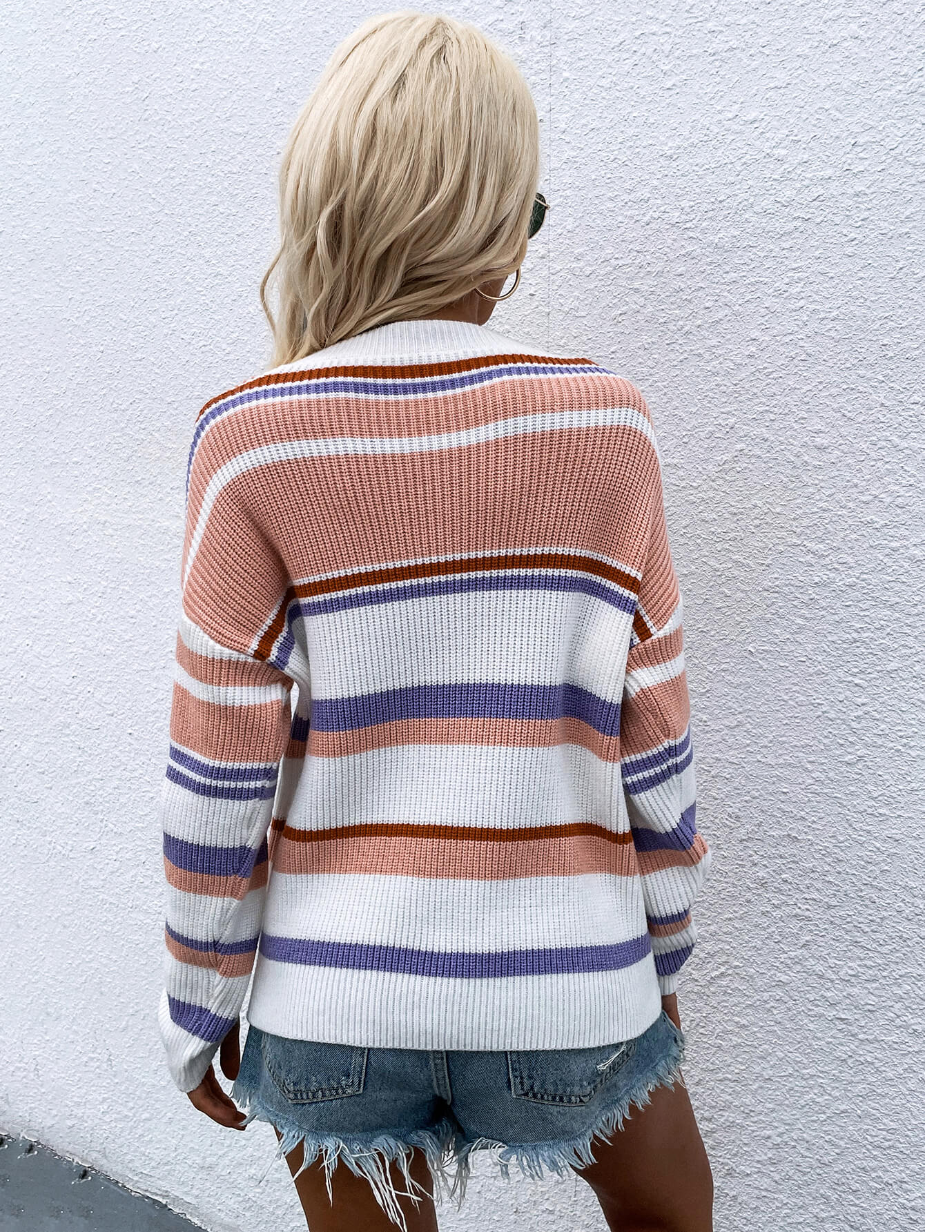 Striped Drop Shoulder Round Neck Pullover Sweater