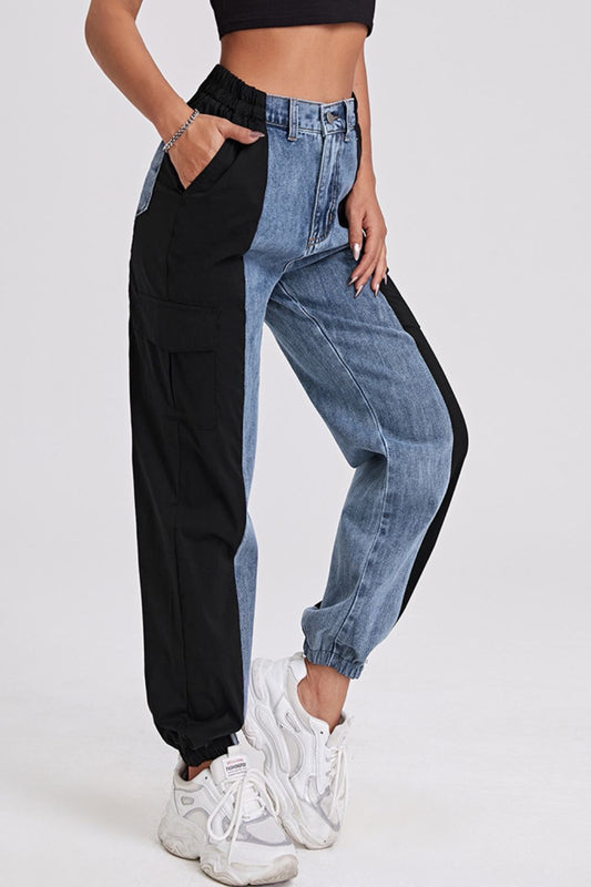 Two-Tone Elastic Hem Jeans