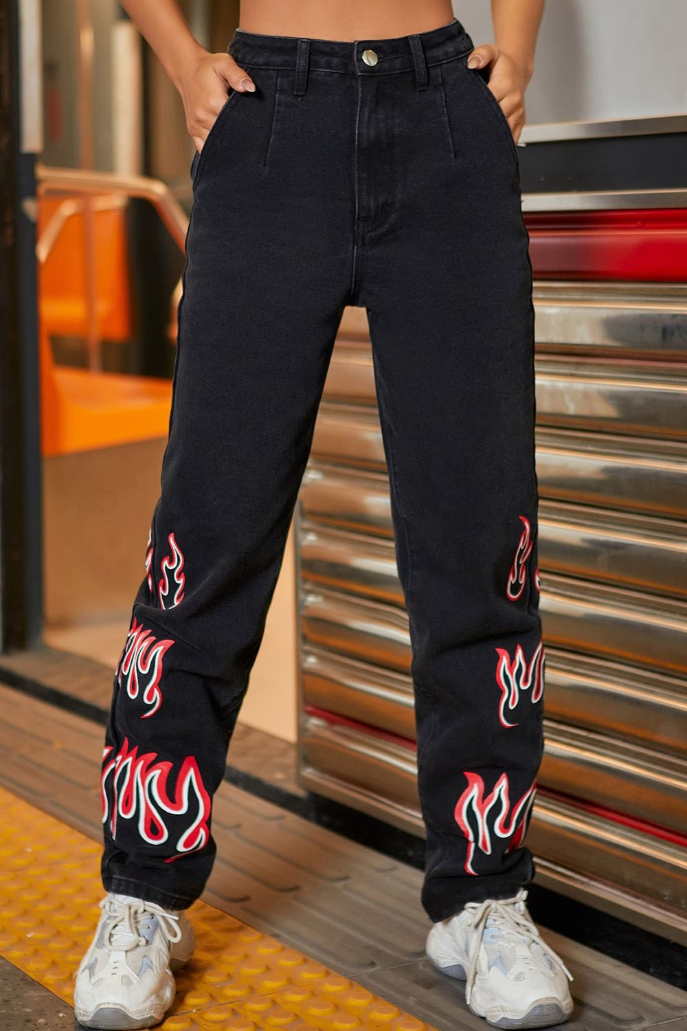 Flame Graphic Straight Leg Jeans with Pockets