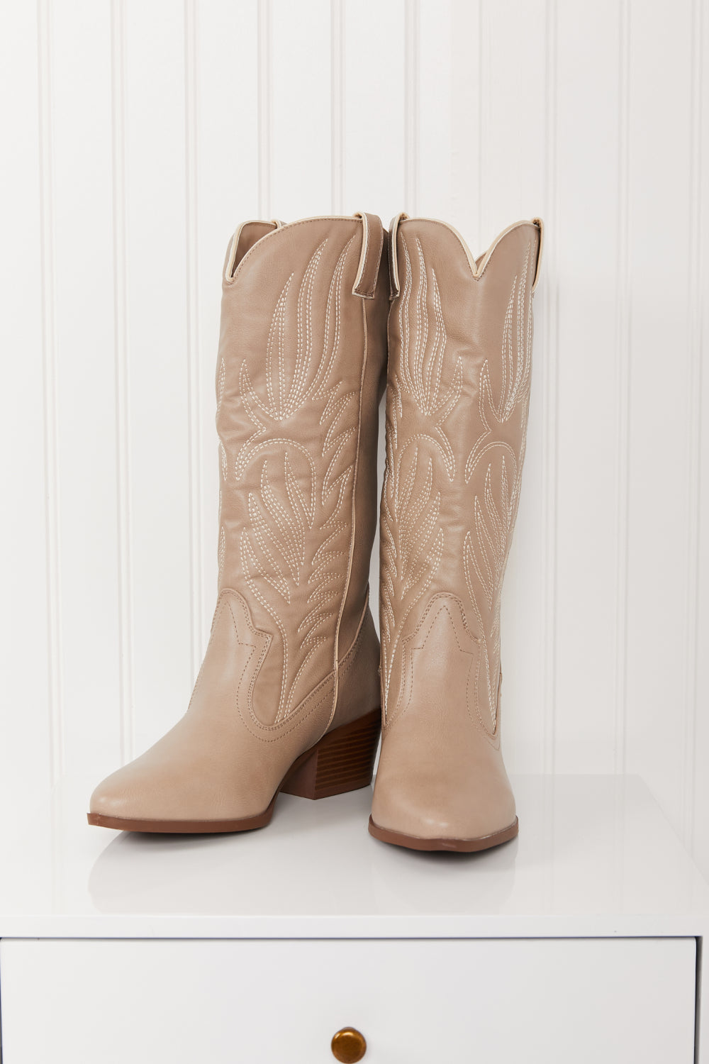 Qupid Mountain Fever Mid-Calf Cowboy Boots in Taupe