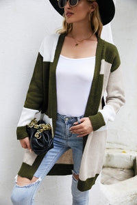 Color Block Ribbed Trim Open Front Cardigan