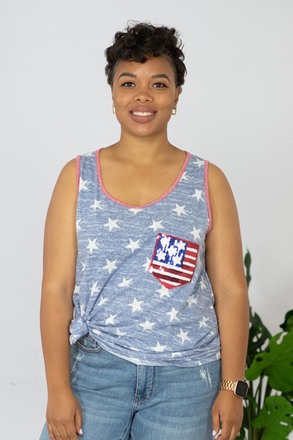 e. Luna Star Spangled Full Size Printed Sequin Pocket Tank