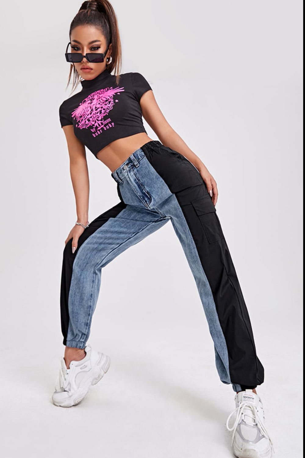 Two-Tone Elastic Hem Jeans