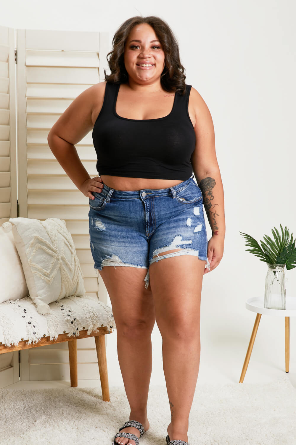 RISEN Cecelia Full Size Distressed Shorts