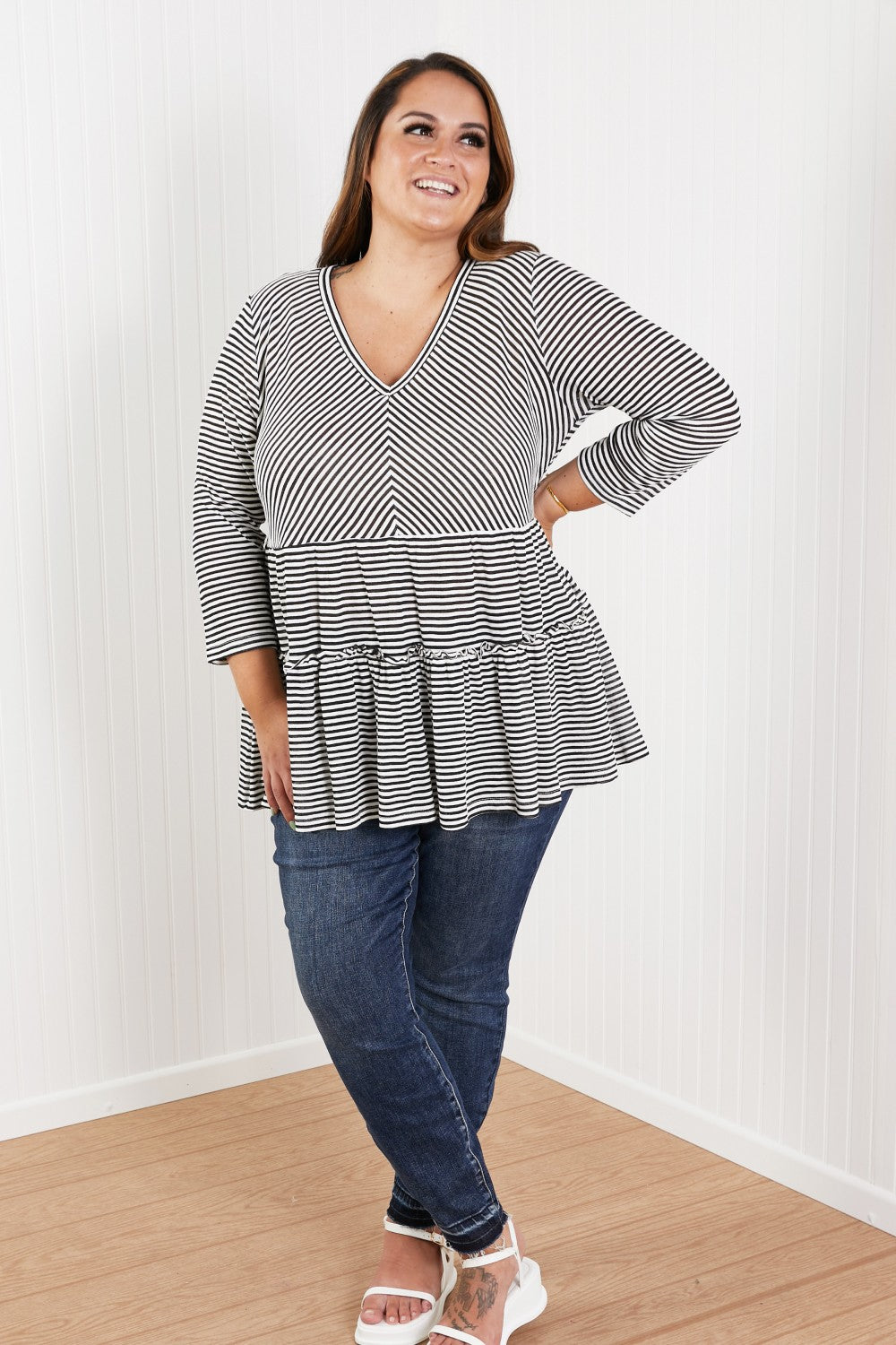 Doe & Rae Full of Love Full Size Striped Tiered Top