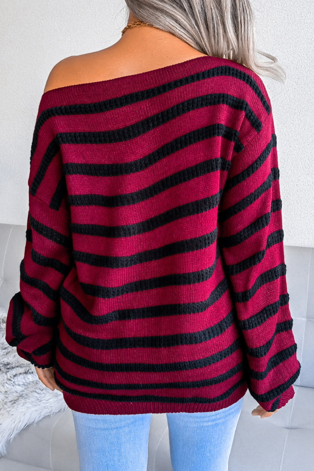 Striped Boat Neck Long Sleeve Sweater