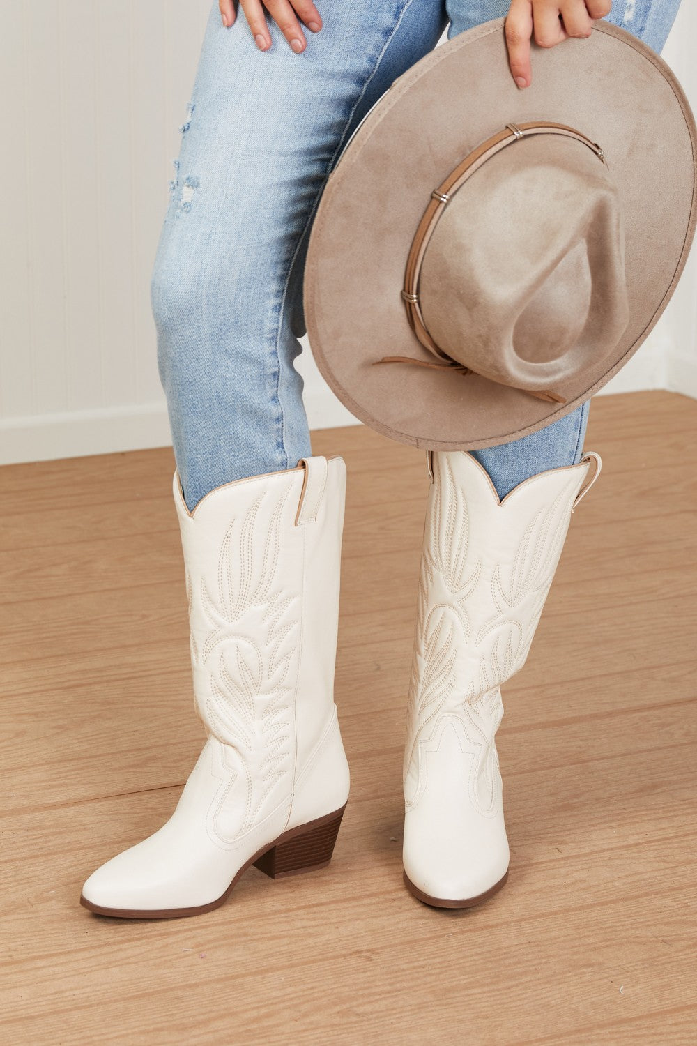 Qupid Mountain Fever Mid-Calf Cowboy Boots in Stone