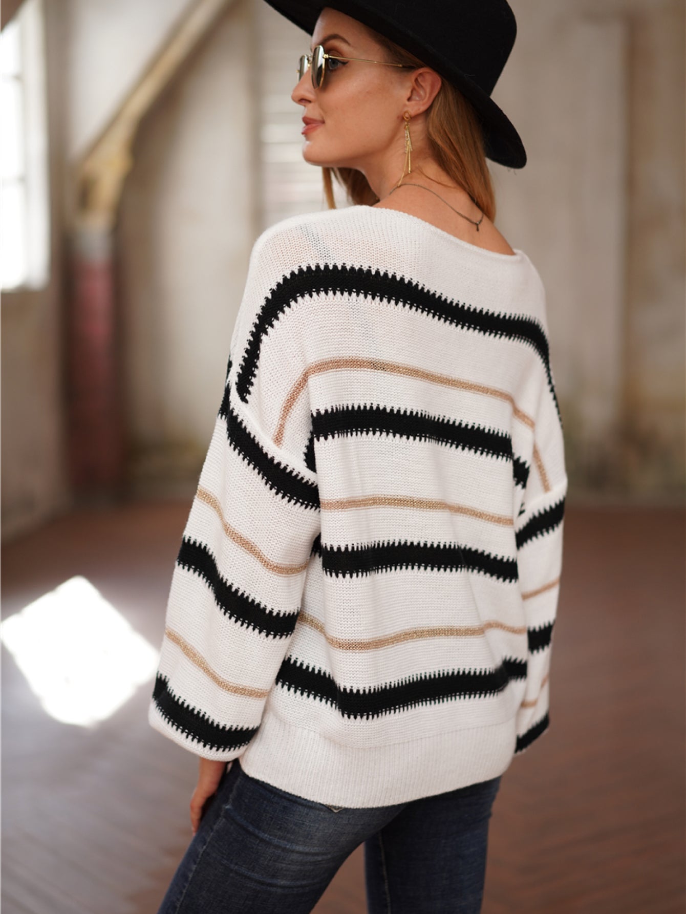 Striped Round Neck Lantern Sleeve Sweater