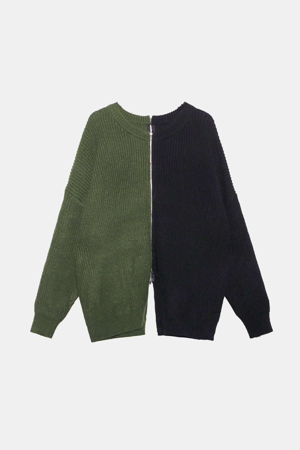 Two-Tone Round Neck Slit Rib-Knit Sweater