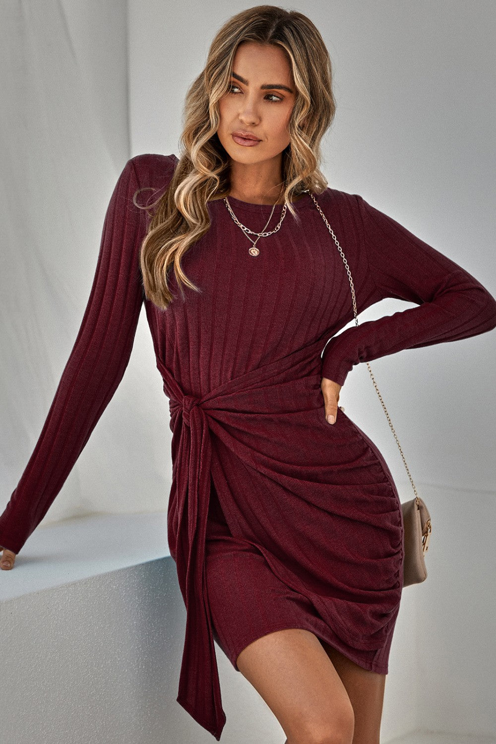 Tied Long Sleeve Ribbed Dress