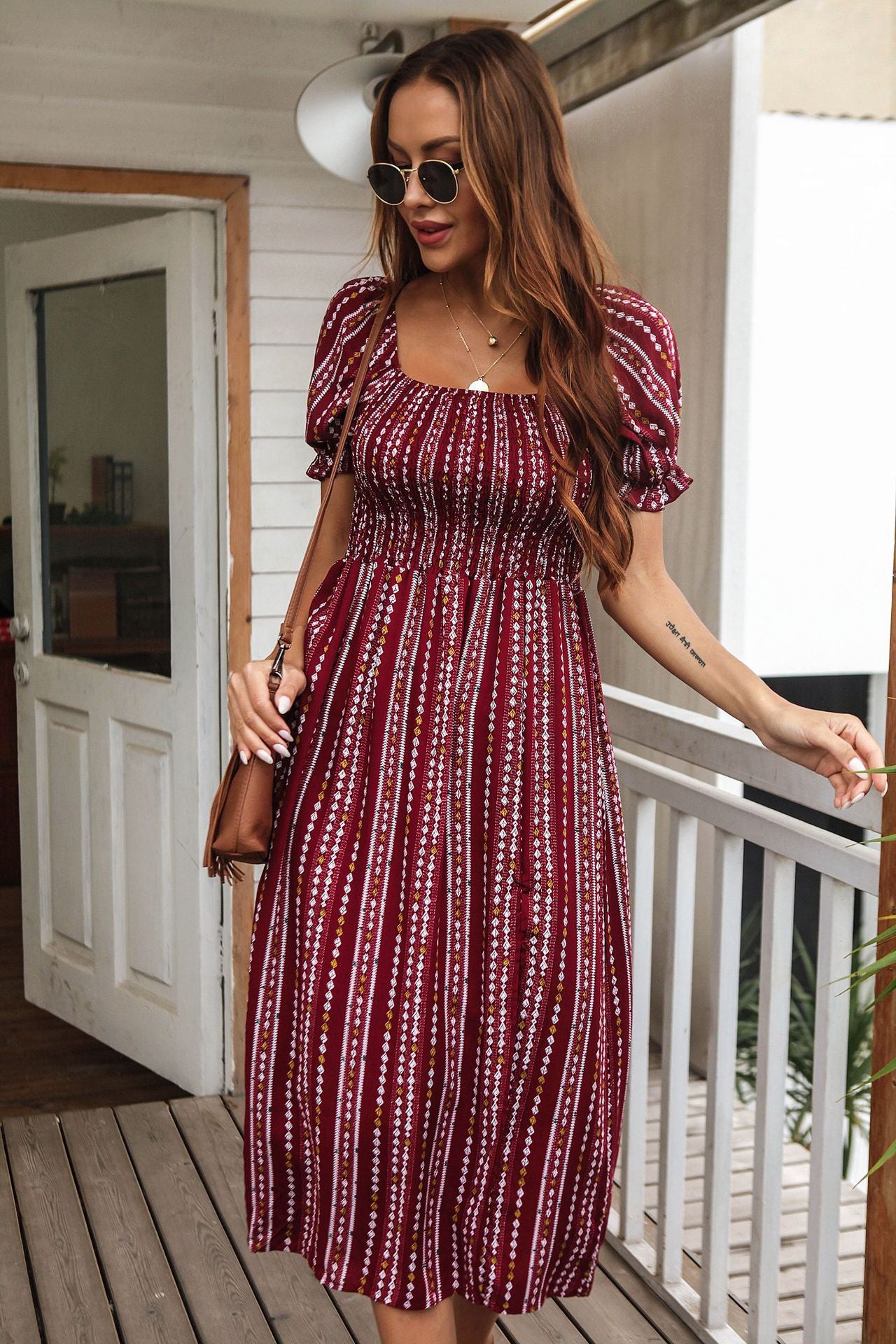 Geometric Print Side Slit Puff Sleeve Midi Dress