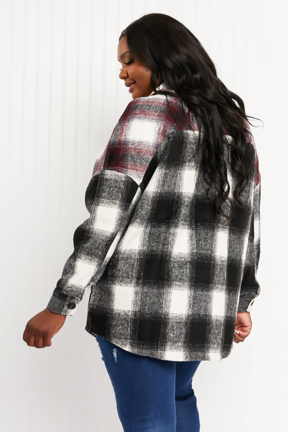 Zenana Colors of Autumn Full Size Plaid Shacket in Black/Burgundy