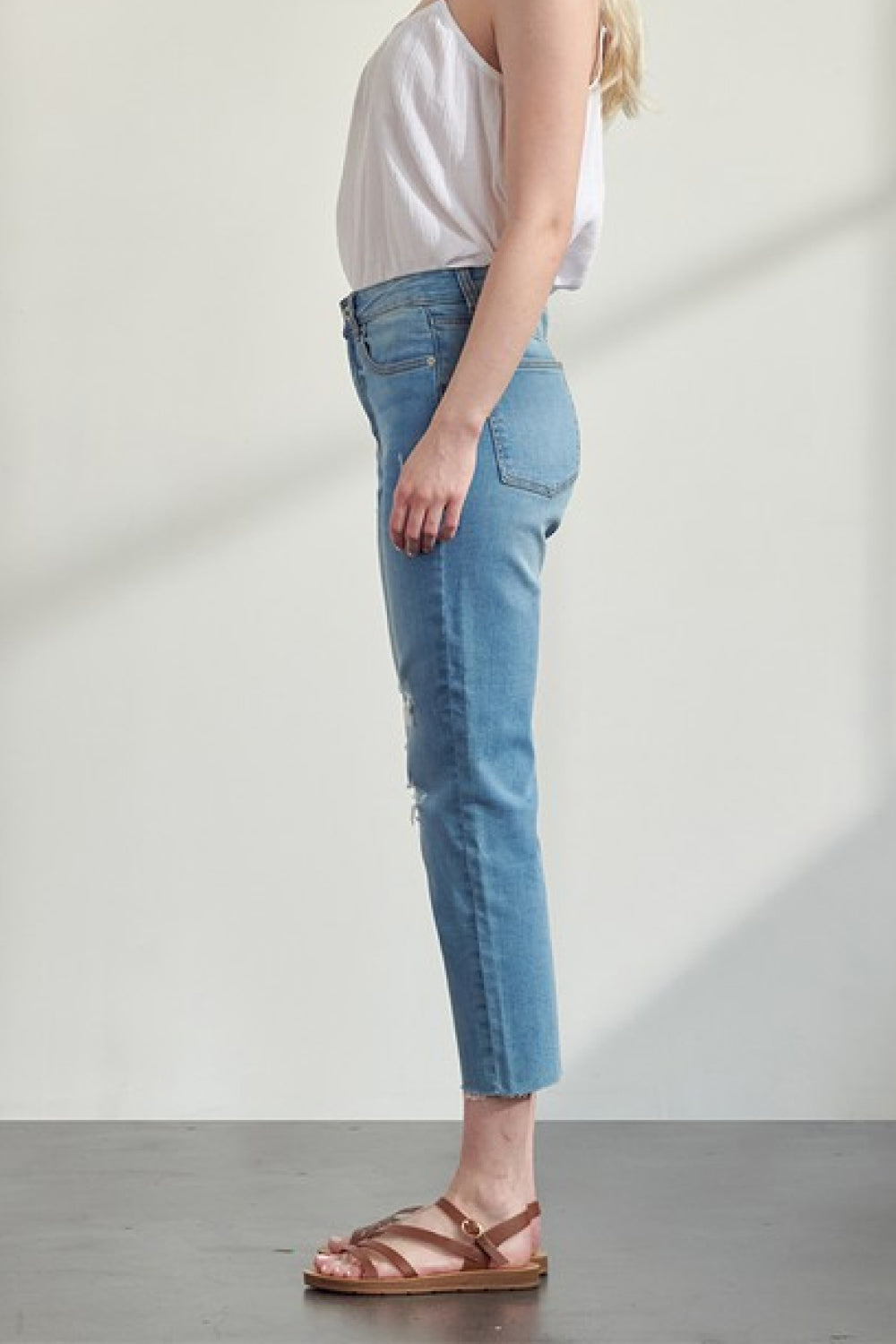 Muselooks Distressed High-Rise Raw Hem Cropped Jeans