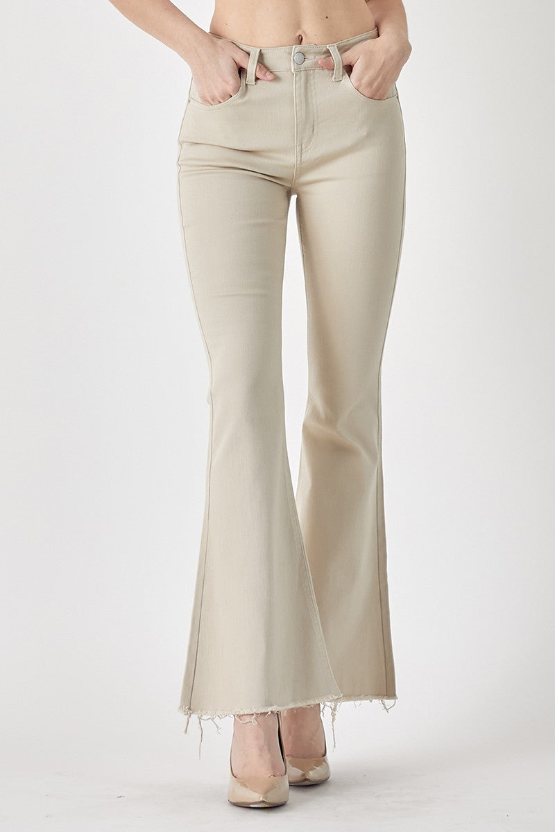 RISEN Mid-Rise Raw Hem Flare Jeans in Khaki