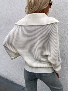 Collared Lantern Sleeve Rib-Knit Sweater