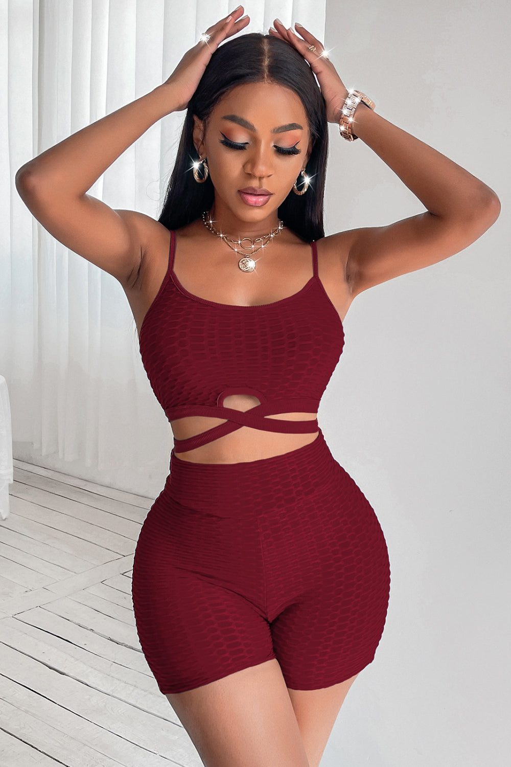 Crisscross Cropped Cami and High Waist Shorts Set