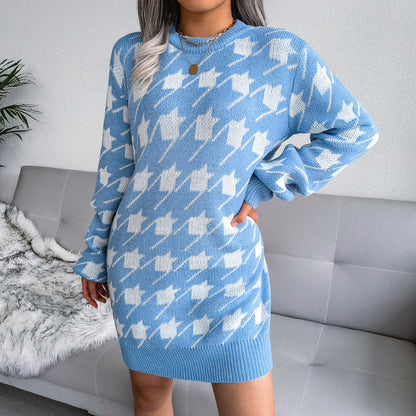 Hoodstooth Crewneck Sweater Dress（Belt Not Included)