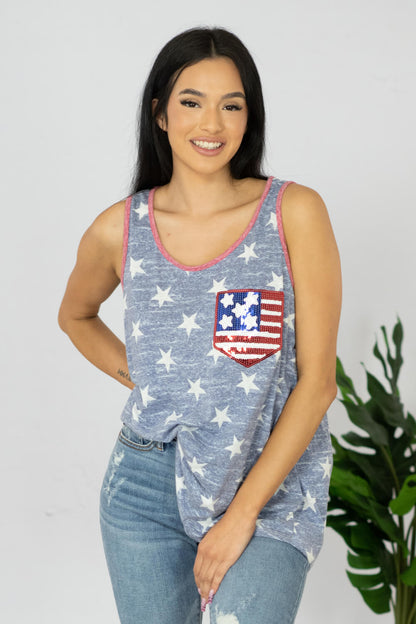 e. Luna Star Spangled Full Size Printed Sequin Pocket Tank