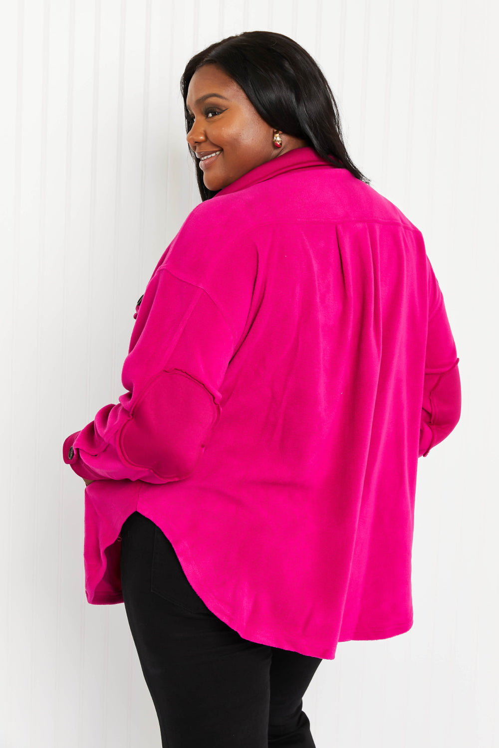 Zenana Cozy in the Cabin Full Size Fleece Elbow Patch Shacket in Magenta