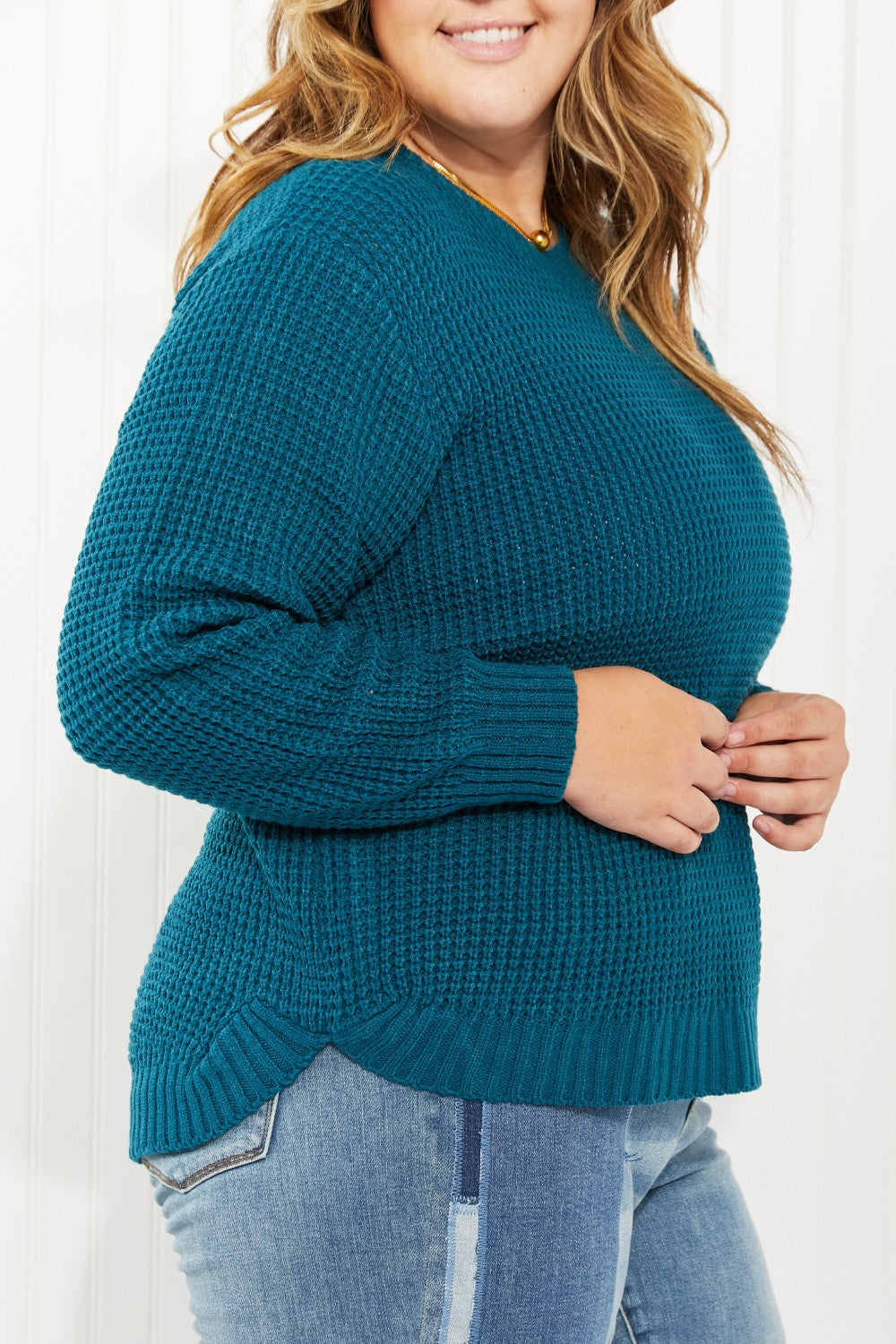 Zenana Autumn is Calling Full Size Waffle Knit Sweater in Teal