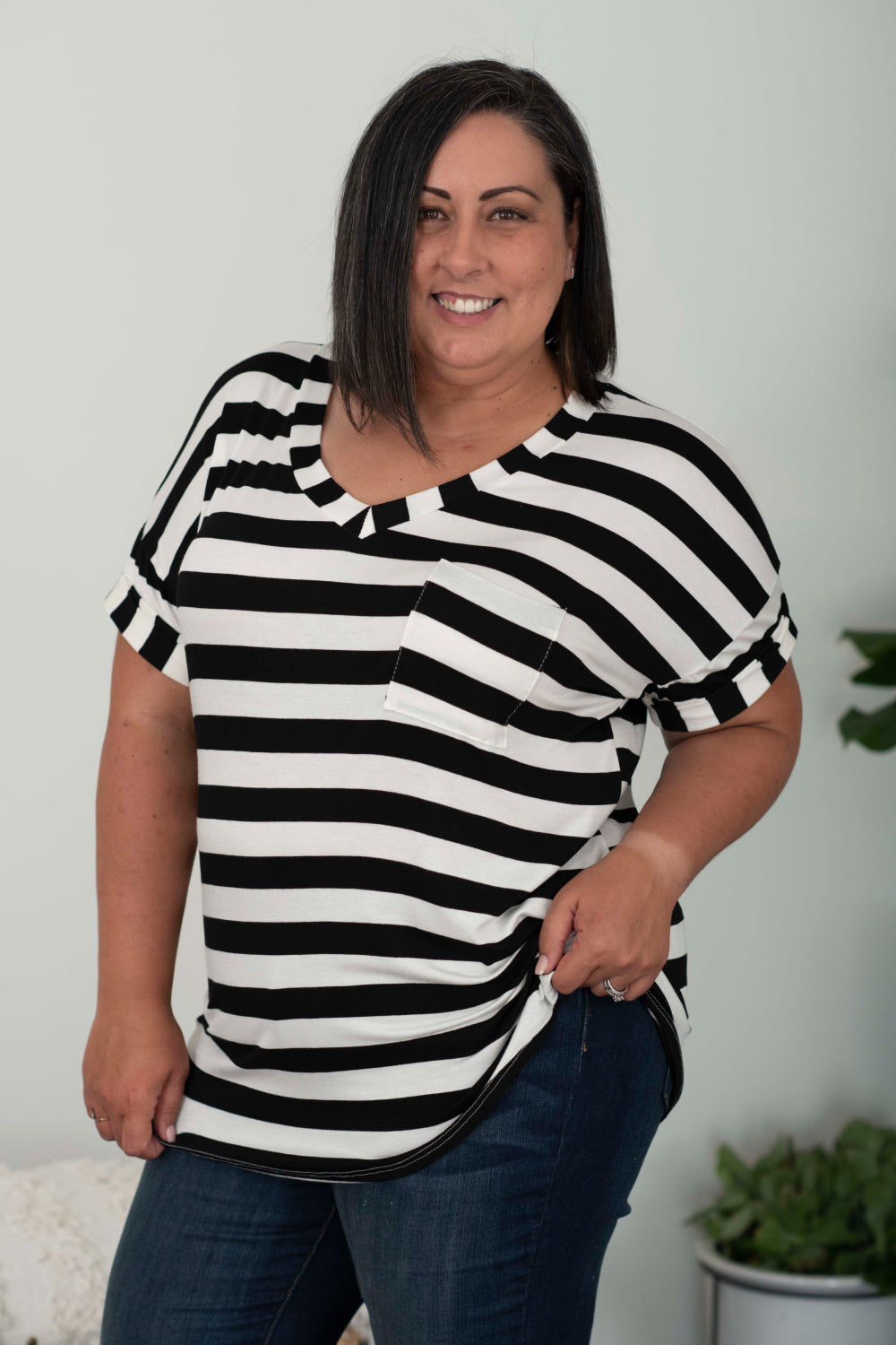 Sew In Love Out and About Full Size Striped Pocket Tee in Black and Ivory