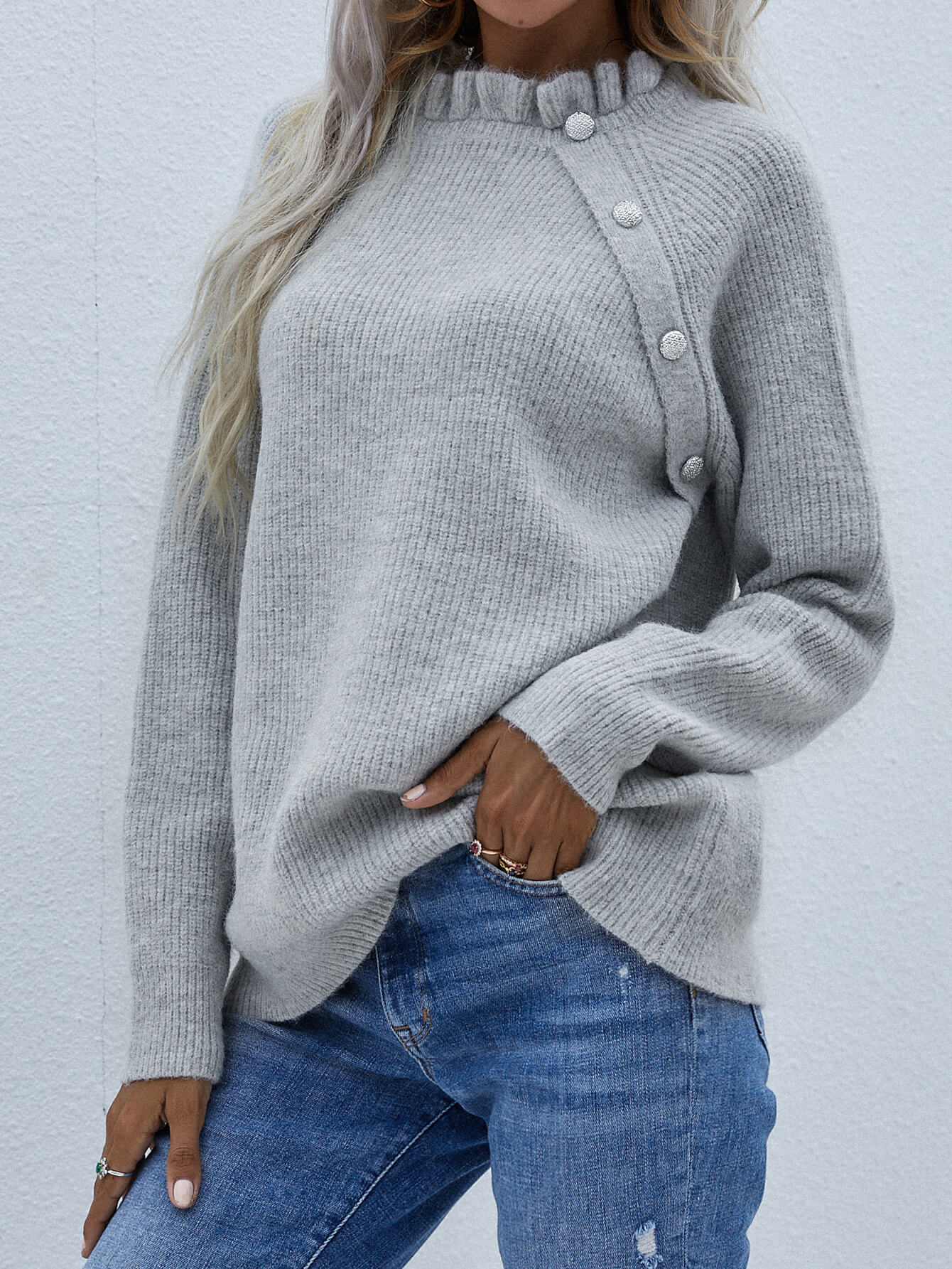 Button Detail Frill Neck Rib-Knit Sweater