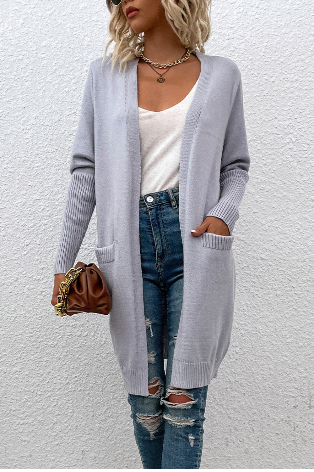 Ribbed Sleeve Longline Cardigan with Pockets