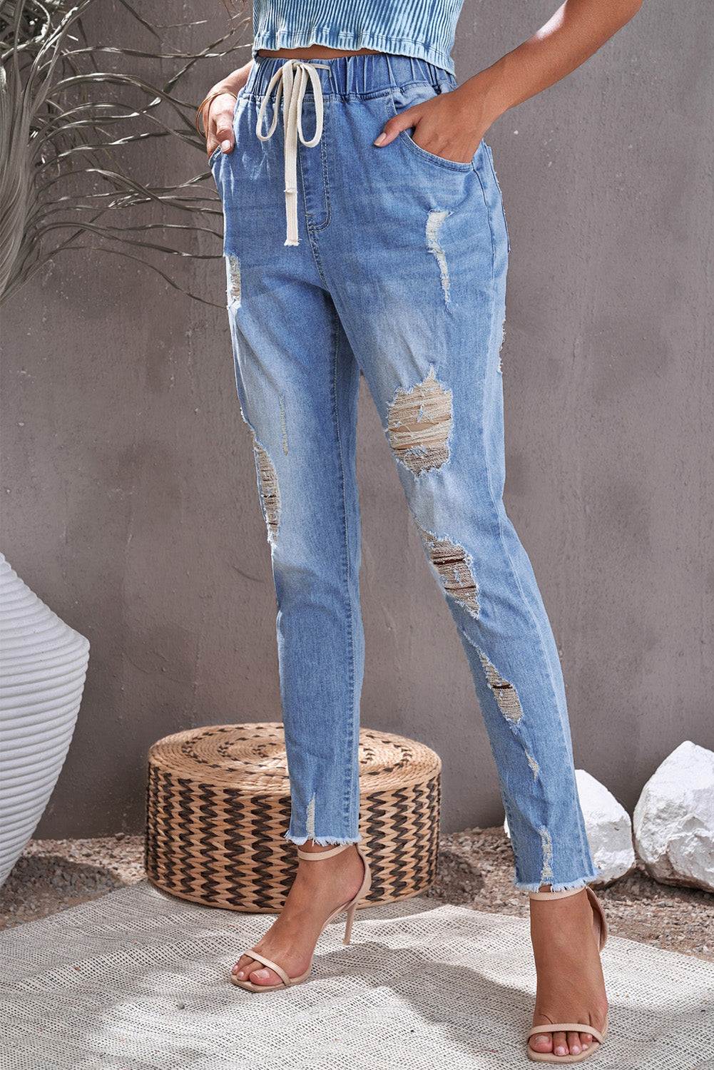 Distressed Frayed Drawstring Waist Jeans