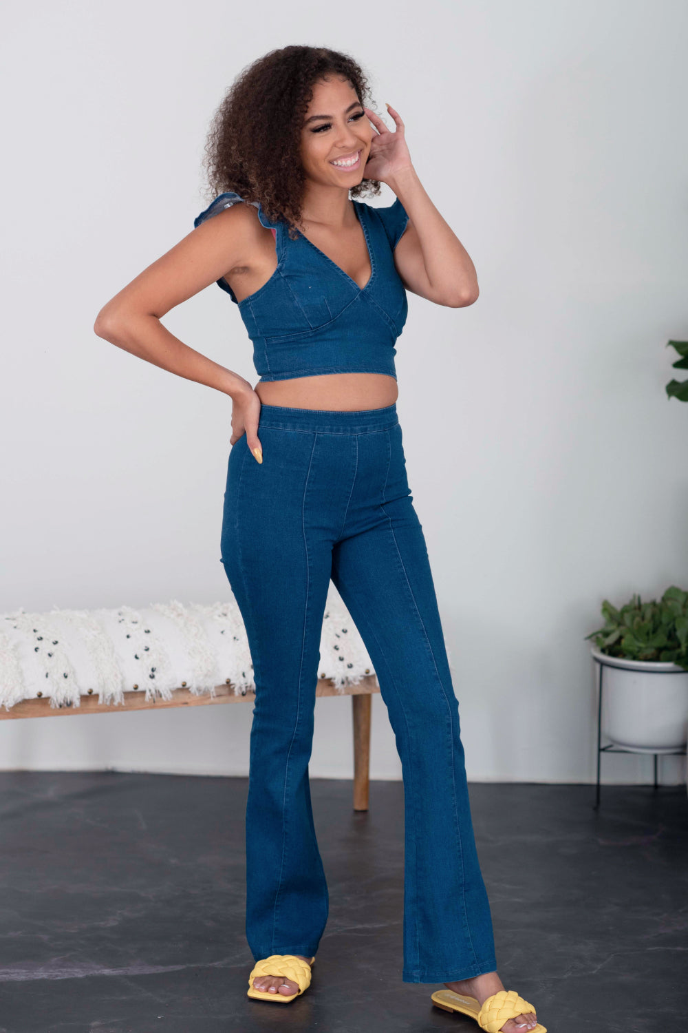 SHOPIRISBASIC One in a Million Denim Crop Top and Flare Pants Set