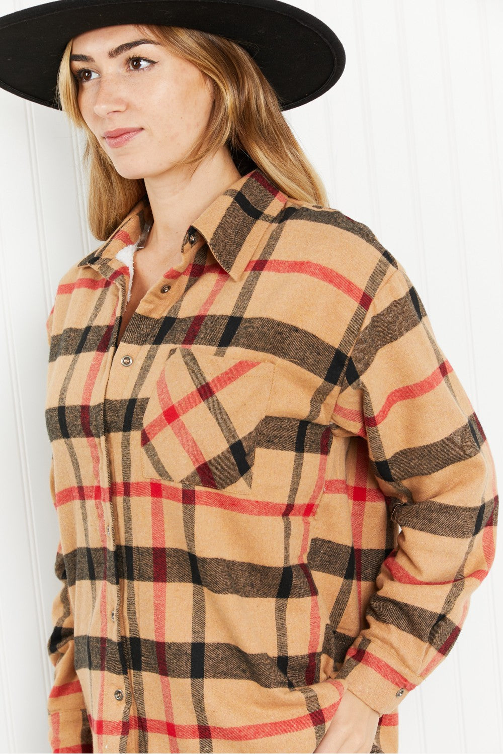 Andree by Unit  Pumpkin Patch Full Size Plaid Faux Fur Lined Shacket