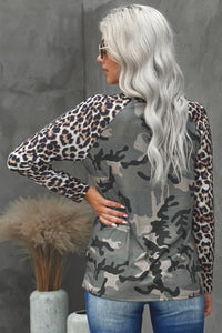 Leopard Camouflage Print V-Neck Long Sleeve Tee