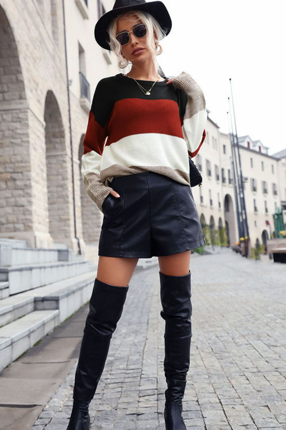 Color Block Long Sleeve Round Neck Sweater